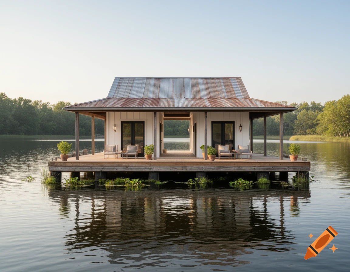A modern white cottage with a rusty tin roof sits on a wooden platform above calm water, surrounded by trees on the horizon.
