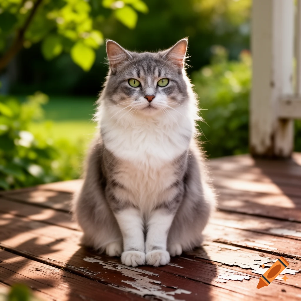 A fluffy gray and white cat with bright green eyes sits on a sun-dappled wooden porch, with a lush green garden in the background.