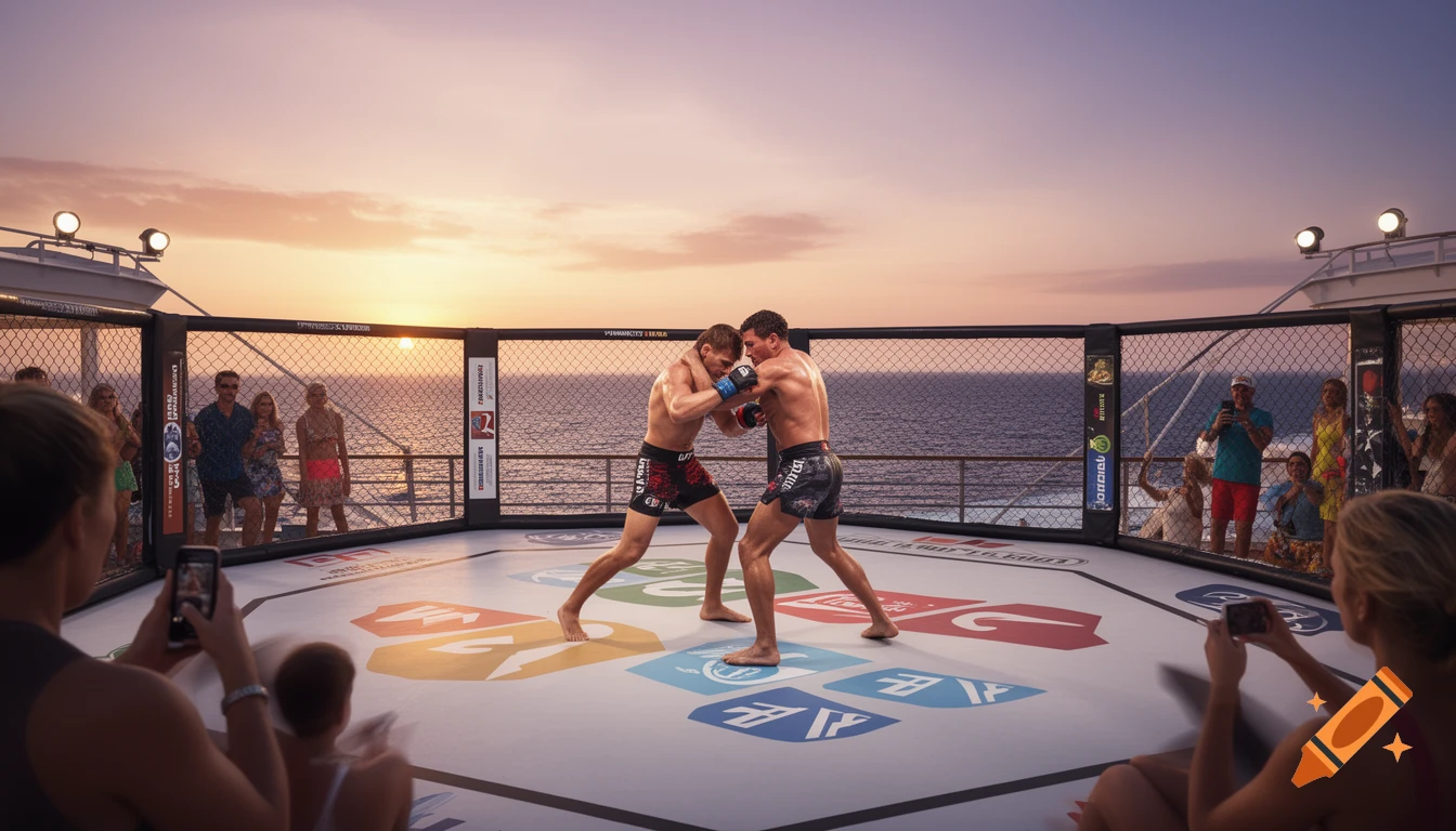 Two male MMA fighters grappling in a cage ring on the deck of a cruise ship at sunset, with spectators watching.