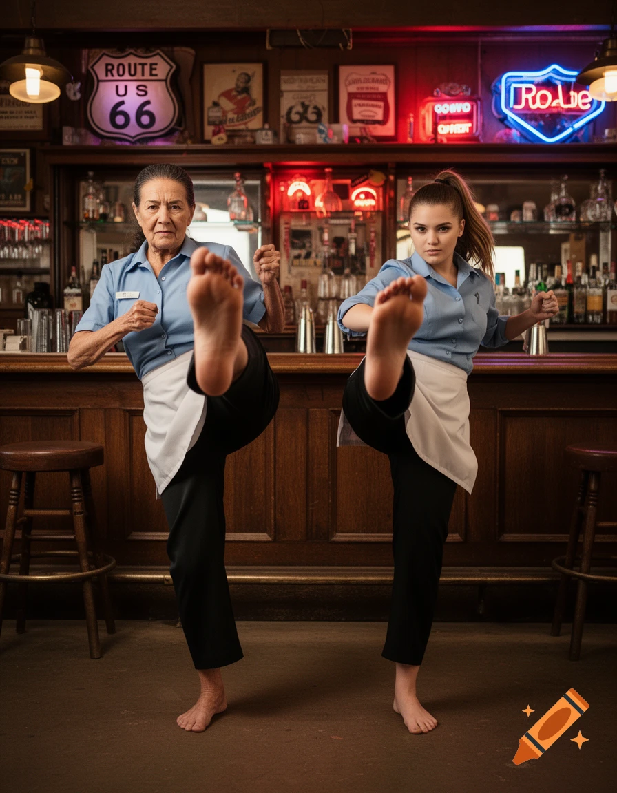 Two barefoot waitresses in a rustic Route 66 bar perform synchronized front snap kicks towards the camera, photorealistic.