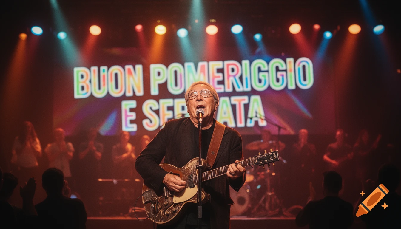 An older man sings into a microphone while playing an acoustic guitar on a brightly lit stage, with "BUON POMERIGGIO E SERATA" displayed on a screen behind him.