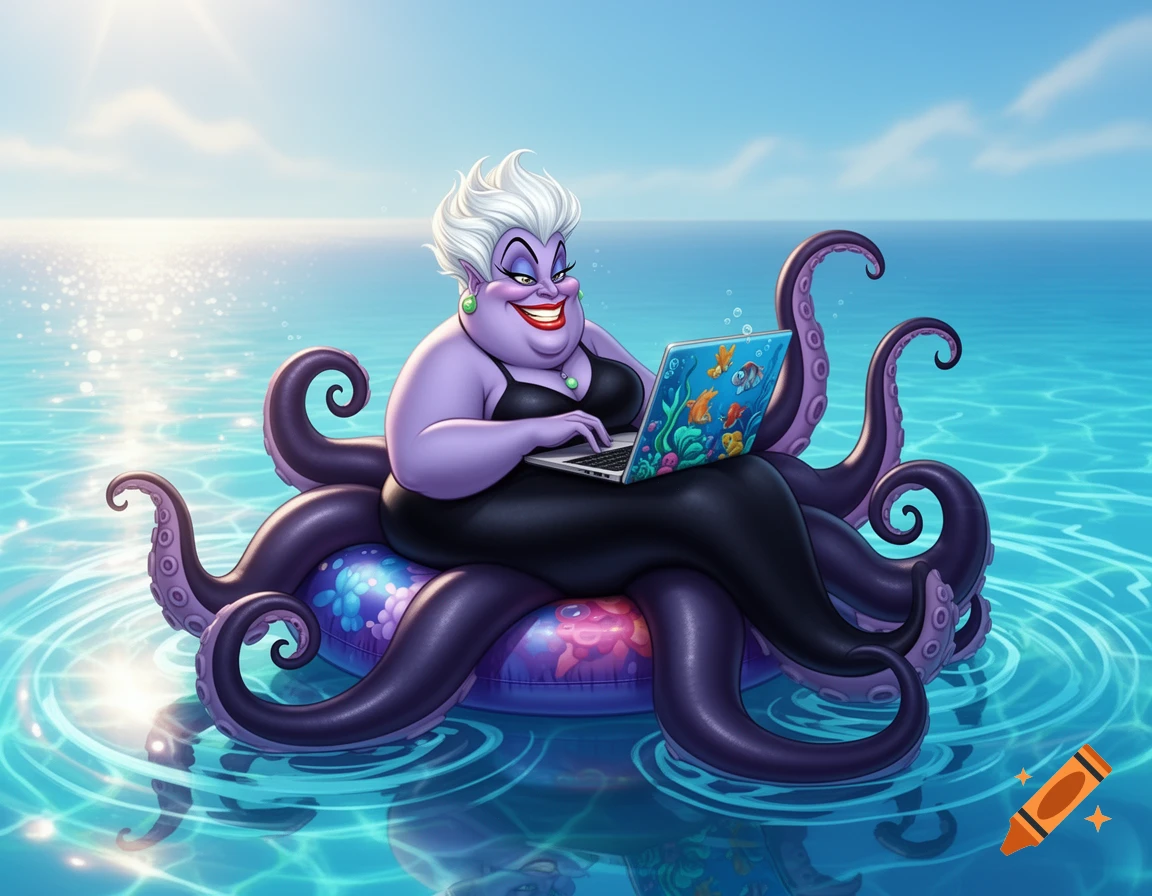 Ursula, the Disney sea witch, sits on a colorful inflatable ring in the clear blue ocean, typing on a laptop. Vibrant cartoon style.