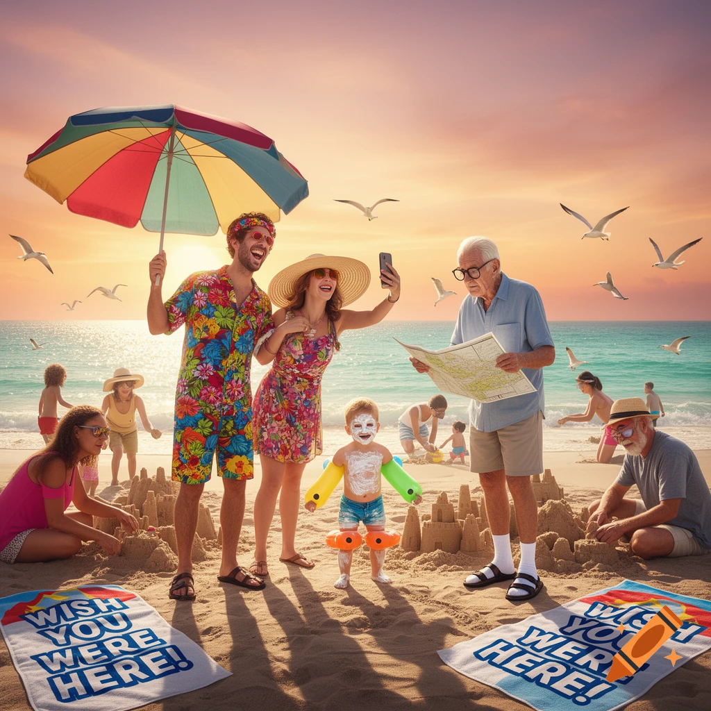 A photorealistic image of a multi-generational family enjoying a sunny beach vacation, building sandcastles and taking selfies.
