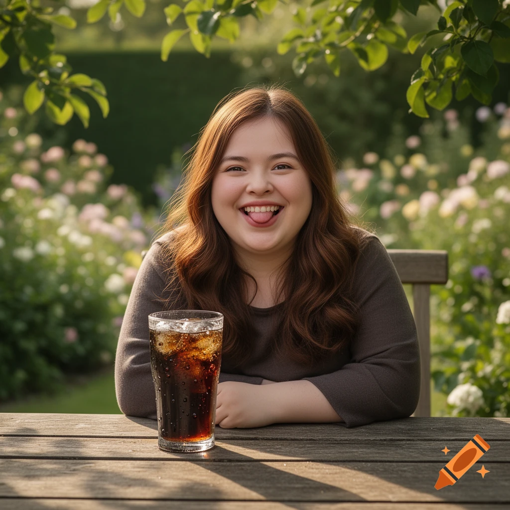 A young woman with a happy smile sticks out her tongue while sitting at a wooden table in a sunny garden, a glass of cola beside her.