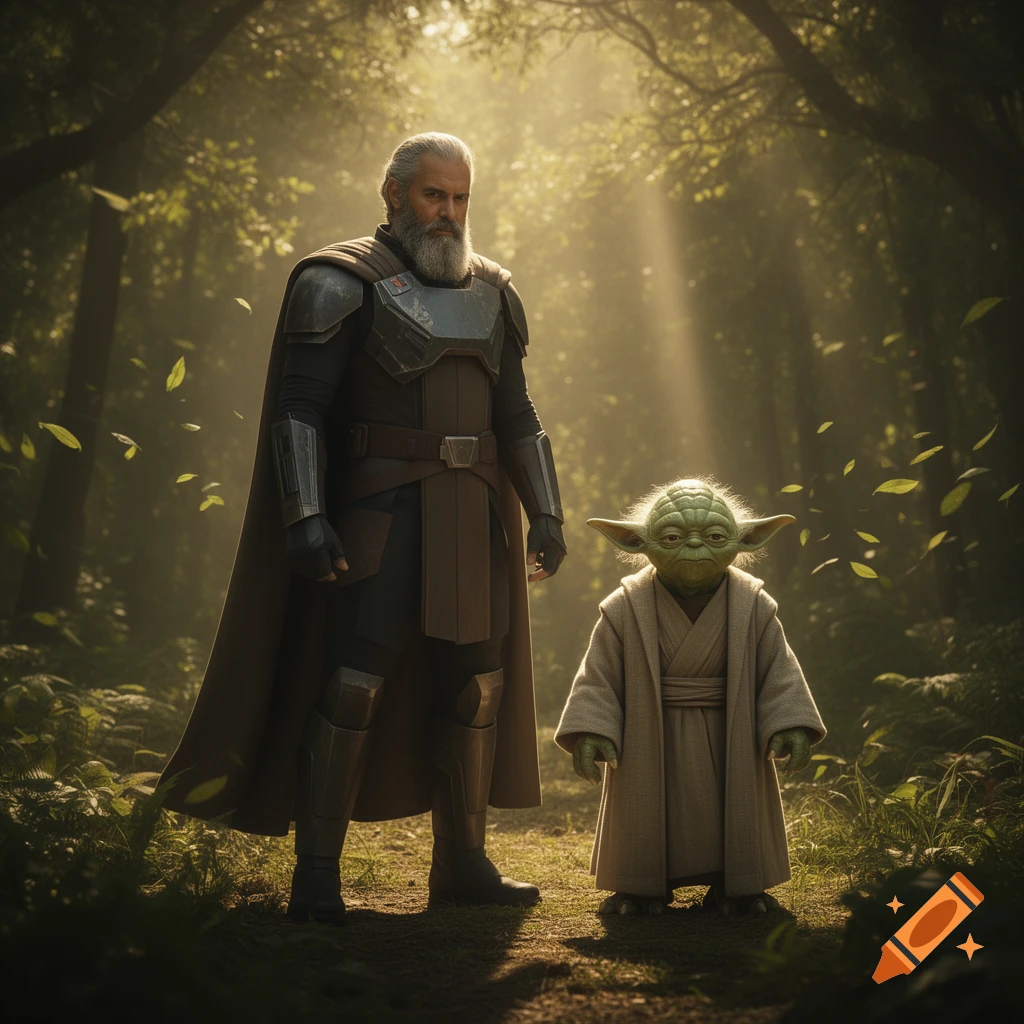 A bearded man in dark armor and a cape stands next to Yoda in a sunlit, mystical forest. Photorealistic style.
