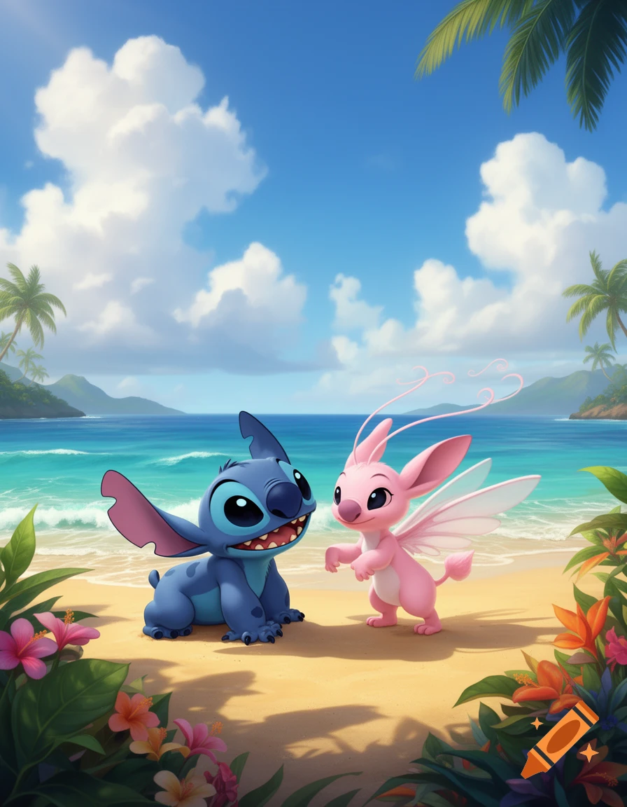 Stitch and Angel, two cartoon aliens, stand on a sunny tropical beach with palm trees and blue ocean.