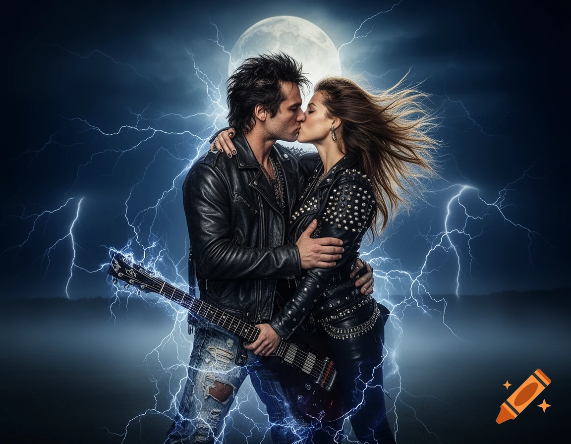 A rock couple passionately kissing at night, illuminated by lightning and a full moon. The man holds an electric guitar.