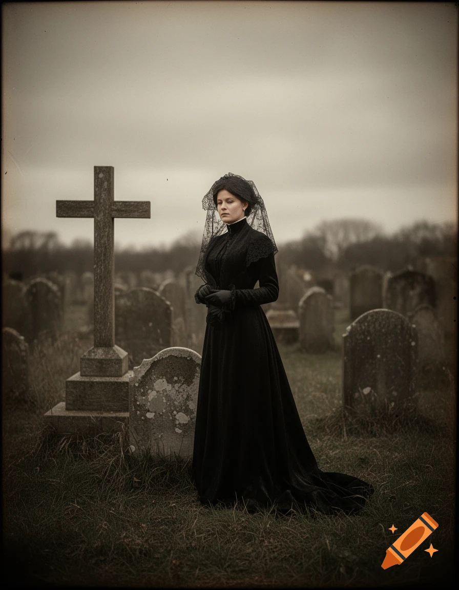 A woman in a black Victorian mourning dress stands solemnly in a graveyard next to a large wooden cross under a gray sky.