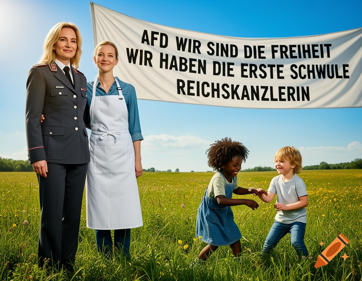A woman in a uniform stands next to a woman in an apron, both smiling, with two children playing in a sunny meadow. A banner above them reads: "AFD WIR SIND DIE FREIHEIT WIR HABEN DIE ERSTE SCHWULE REICHSKANZLERIN"
