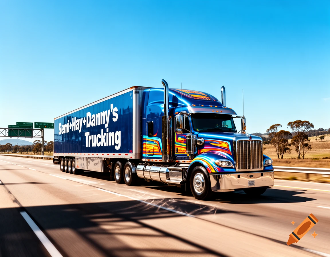 A vibrant blue semi-truck with colorful trim, featuring "Semi+Hay+Danny's Trucking" on its trailer, drives on a highway under a clear blue sky.