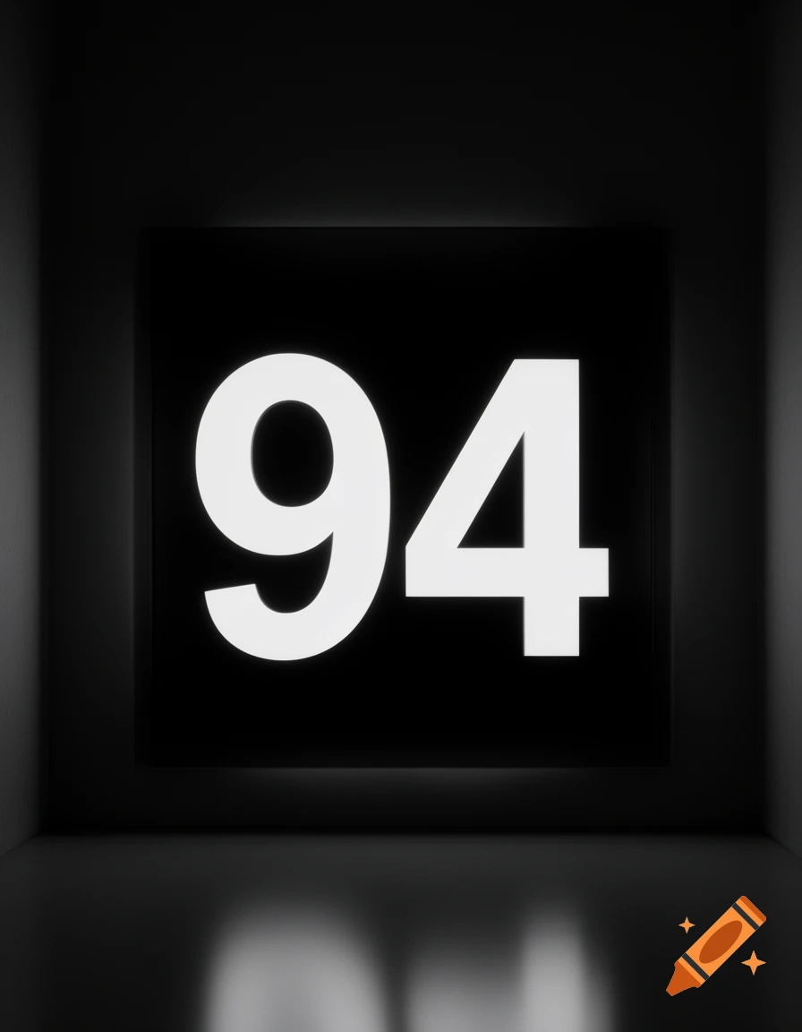 The number 94 in bright white, centered on a black square panel in a dark, reflective room.