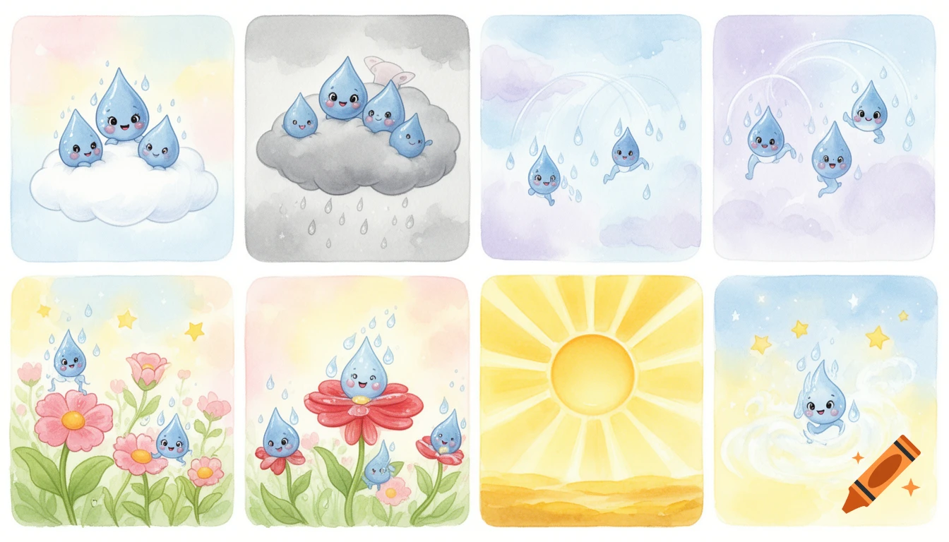 Watercolor illustrations show cute blue raindrops on clouds, falling, landing on flowers, and warmed by a golden sun, depicting the water cycle.