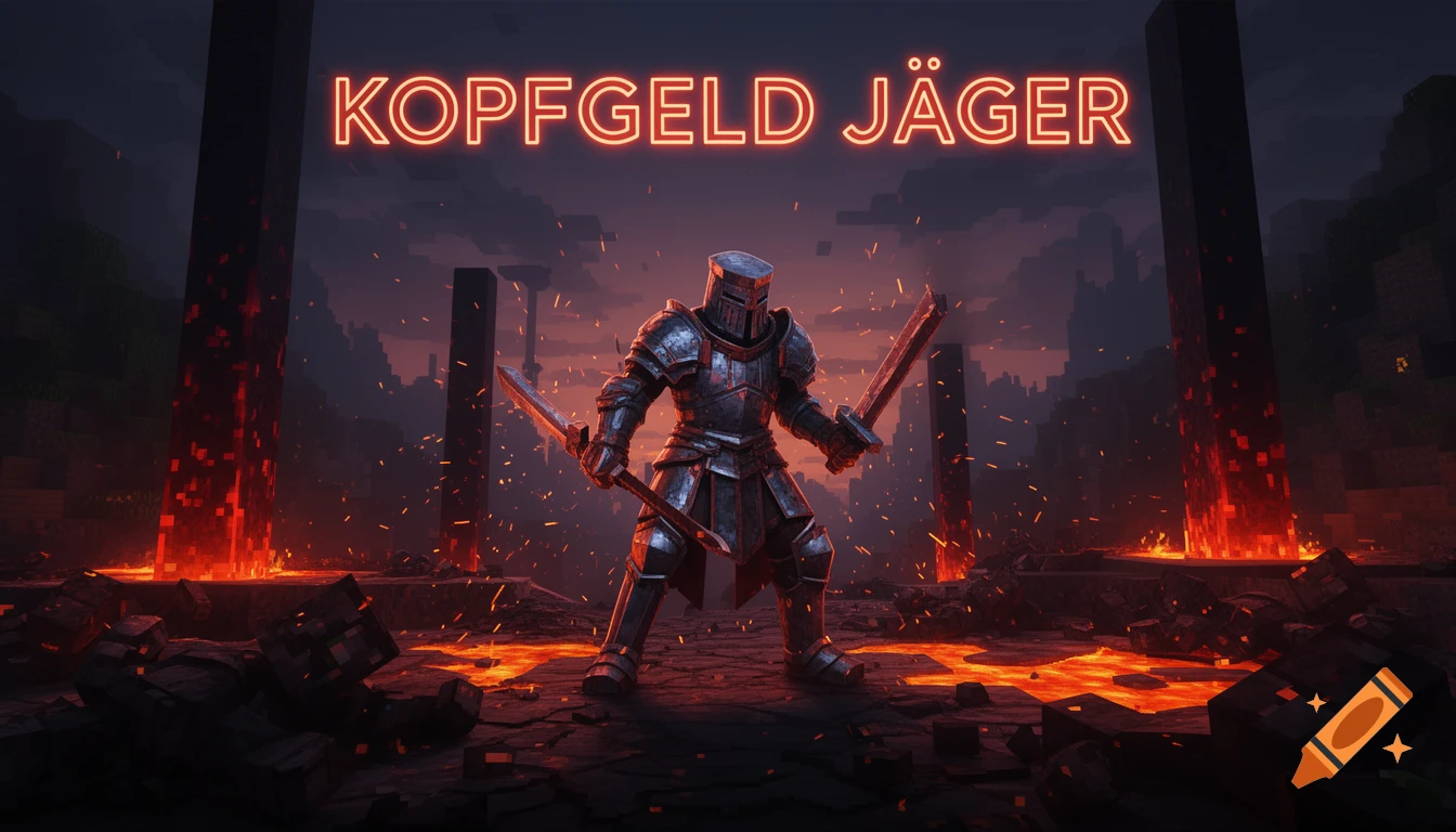 A warrior in dark armor holds two swords in a fiery, blocky landscape, with glowing red text "KOPFGELD JÄGER" above.