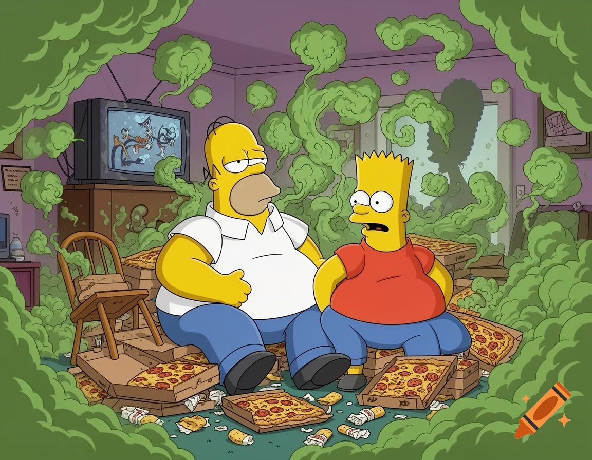 Homer and Bart Simpson in a messy room filled with pizza boxes, taquitos, and green fart clouds, looking uncomfortable.