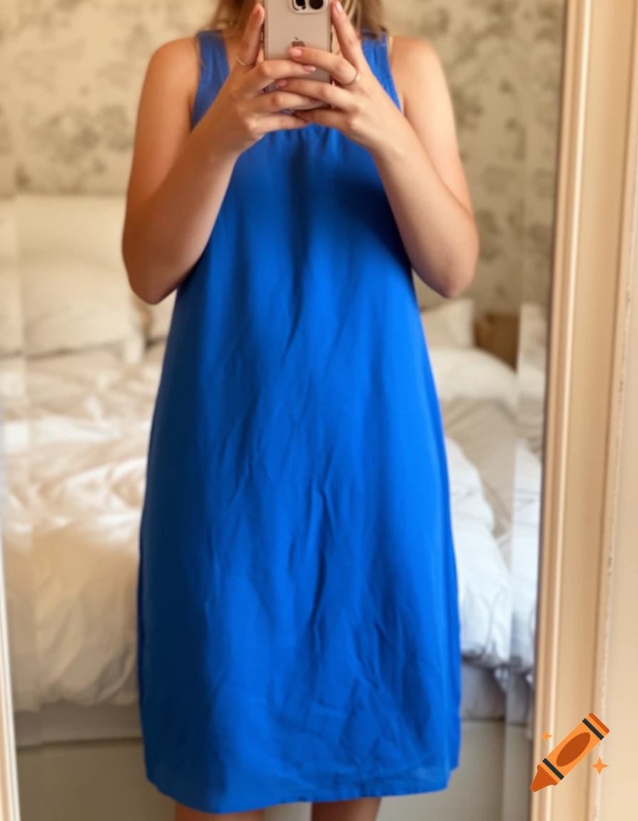 A person in a vibrant blue summer dress takes a realistic mirror selfie with a smartphone in a bedroom setting.