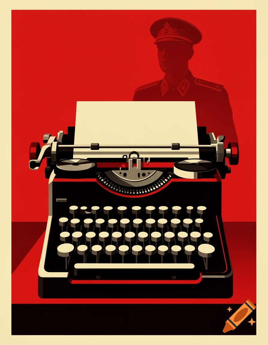 Bold graphic illustration of a typewriter and a shadowy officer, in a red, black, and cream Soviet propaganda art style.
