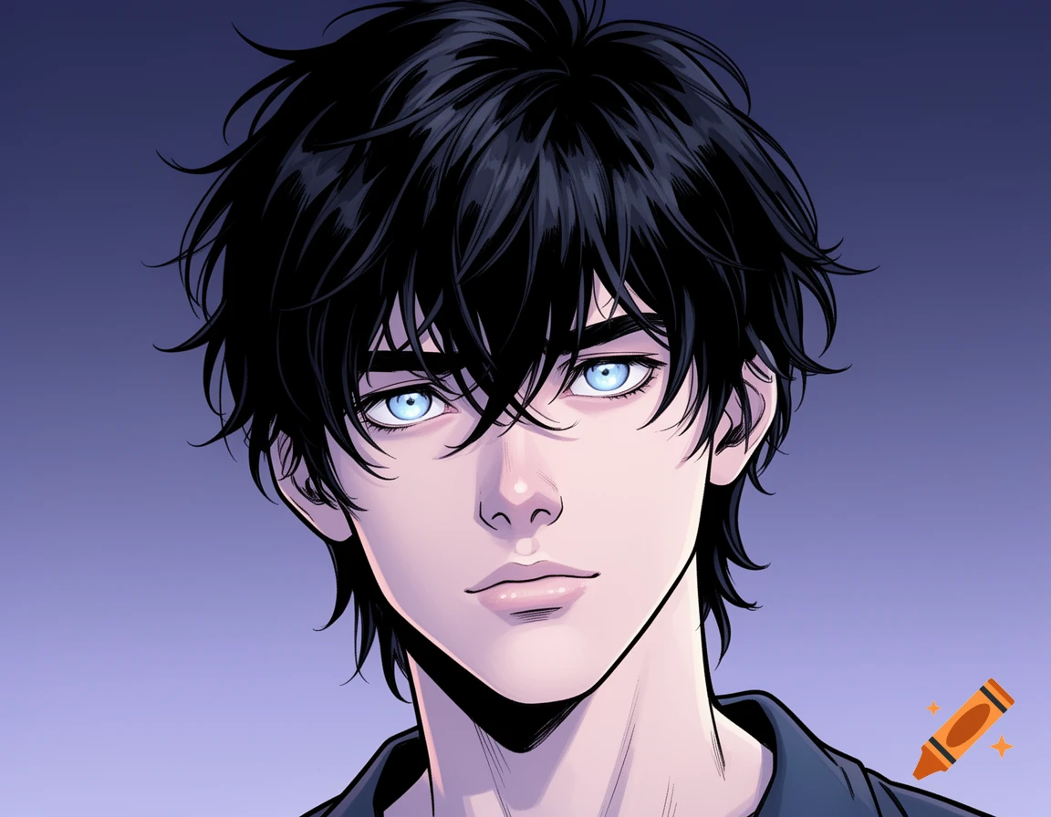 Close-up portrait of a young man with messy black hair and striking pale blue eyes, in a comic book art style.
