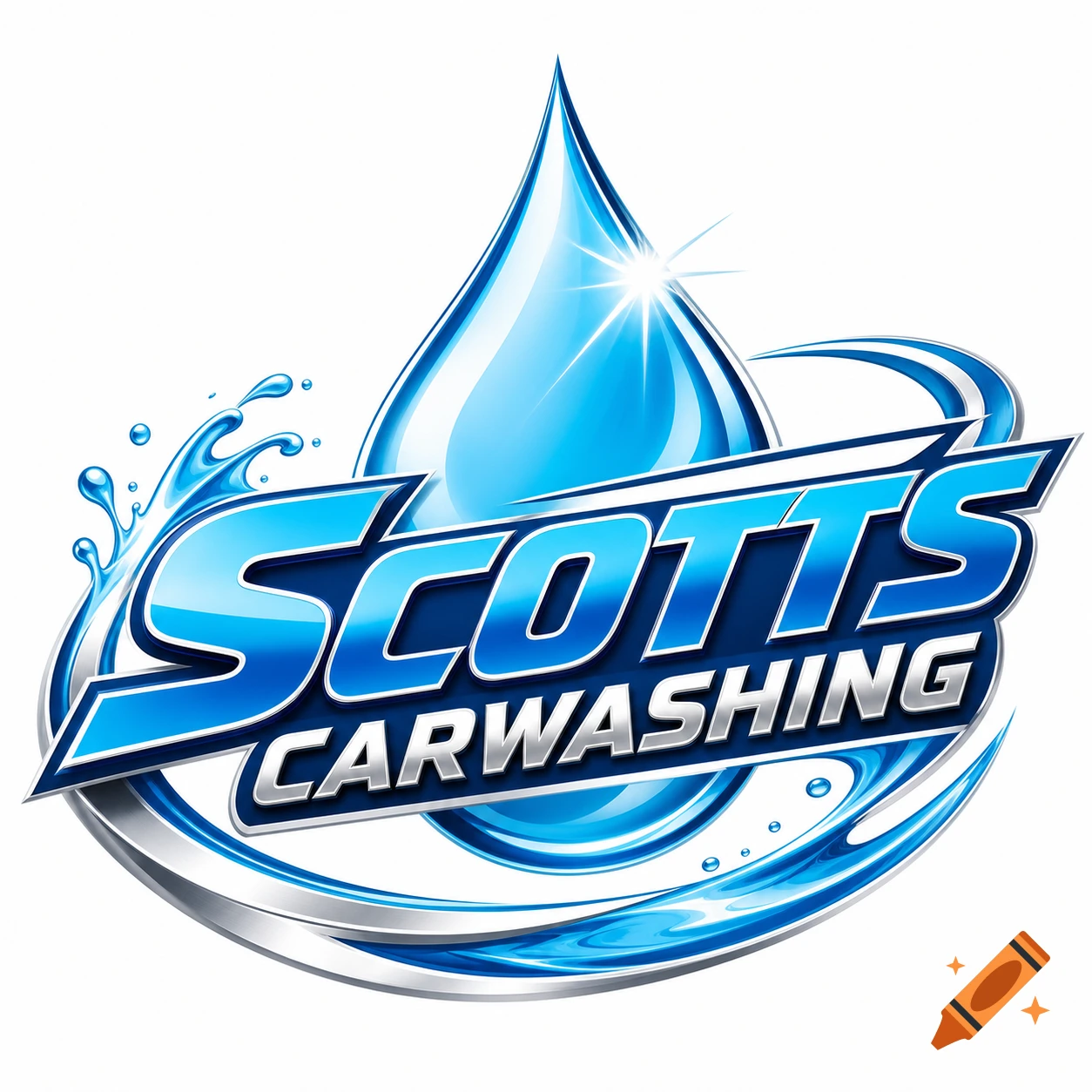 A stylized logo features a large, shiny blue water drop with a bright sparkle, surrounded by splashing water. The words "SCOTTS CARWASHING" are written in bold blue and silver text, curving around the water drop.