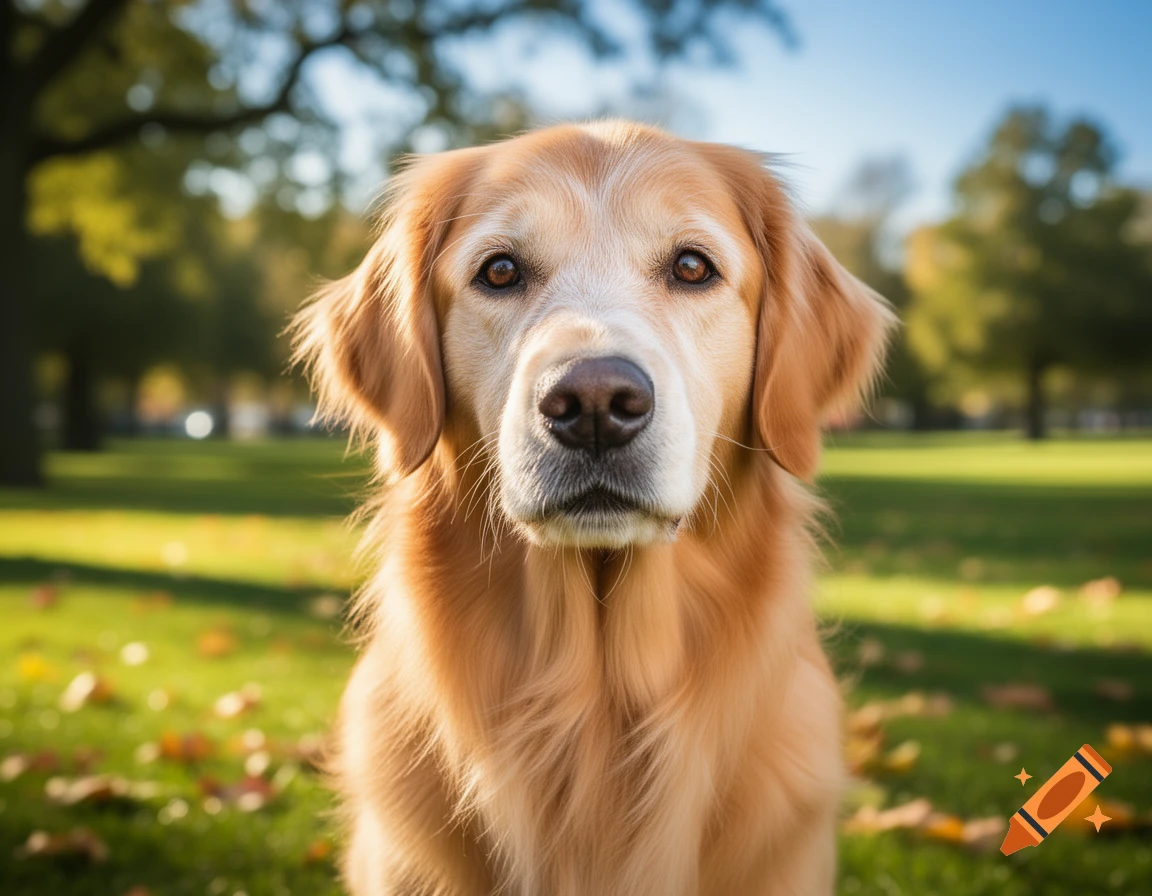 A photorealistic close-up of a golden retriever dog looking directly at the viewer in a sunny park with green grass and trees.