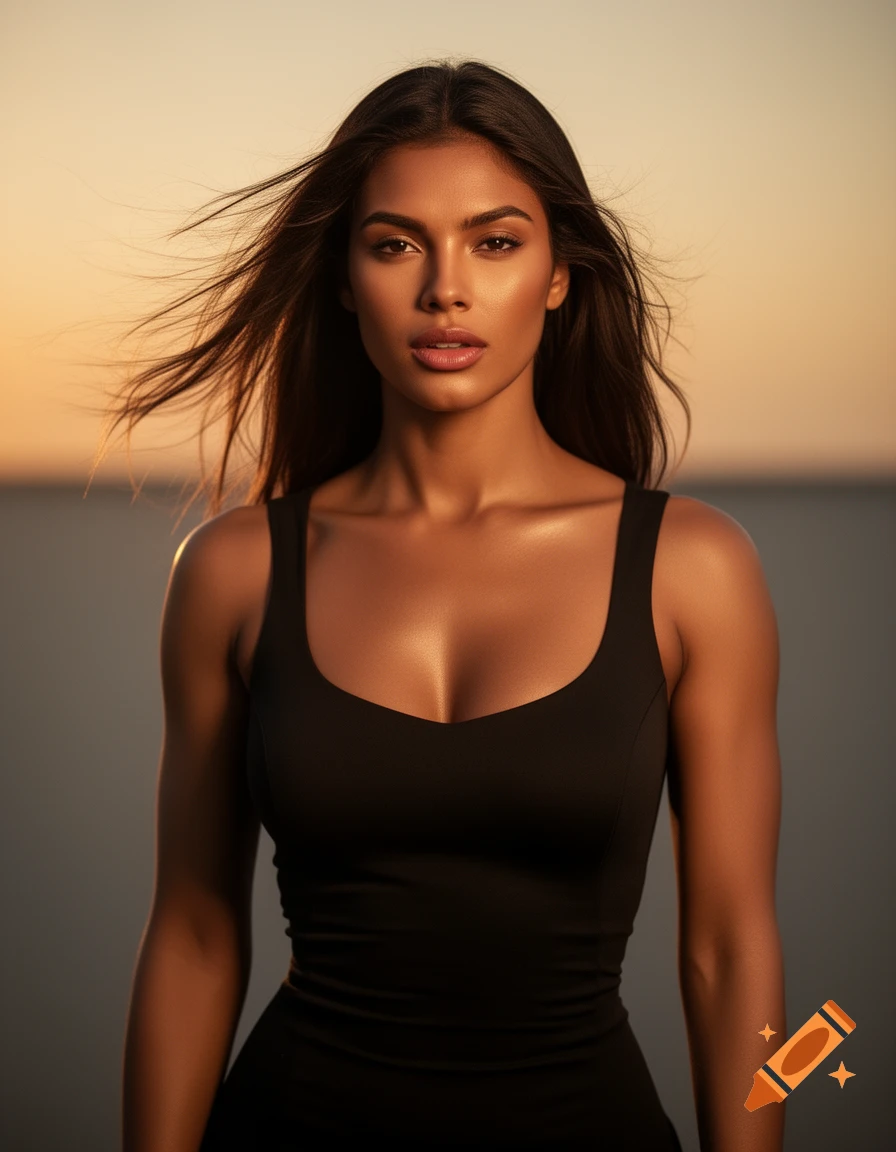 A photorealistic portrait of a woman in a black tank top, with her hair blowing, against a warm sunset background.