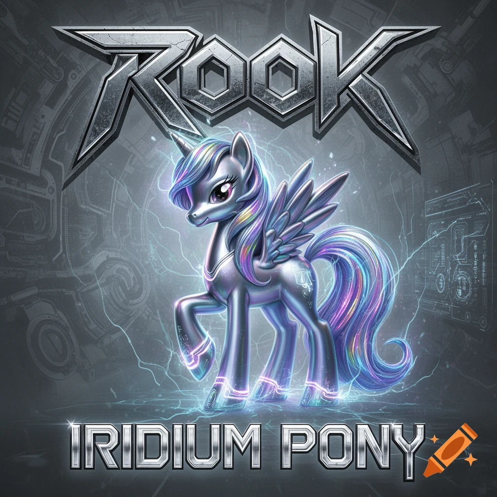 Cybernetic album art featuring an iridescent metallic unicorn pegasus pony with lightning, text 'ROOK' and 'IRIDIUM PONY'.