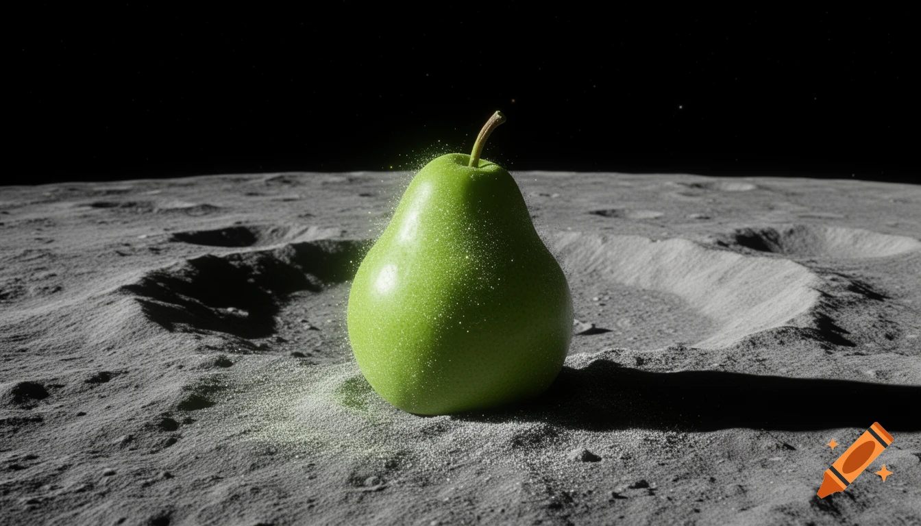 A photorealistic green pear sits on the dusty, cratered surface of the moon against a black space sky.