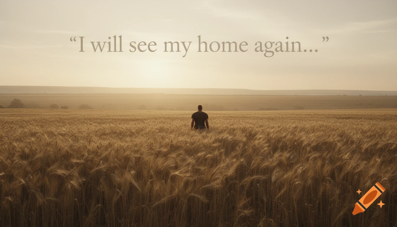 A man in a dark shirt stands in a vast golden wheat field at sunset, with the quote "I will see my home again..." floating above.