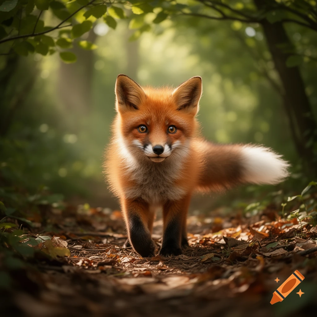 A cute red fox with a bushy white-tipped tail stands on a leafy forest path, looking forward with bright eyes.