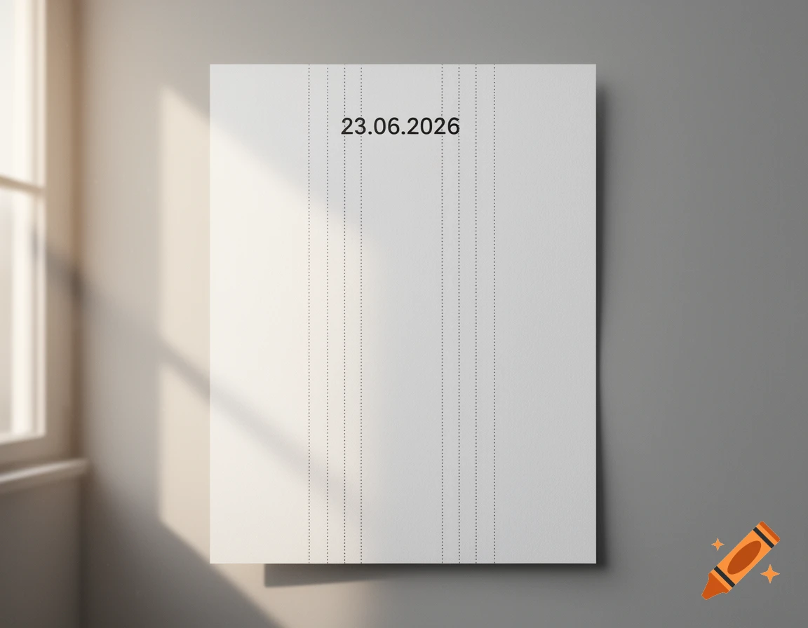 White paper sheet with '23.06.2026' and vertical dotted lines hanging on a grey wall, illuminated by sunlight from a window.