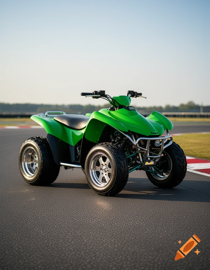 A bright green Kawasaki quad bike parked on an asphalt race track under a clear sky.