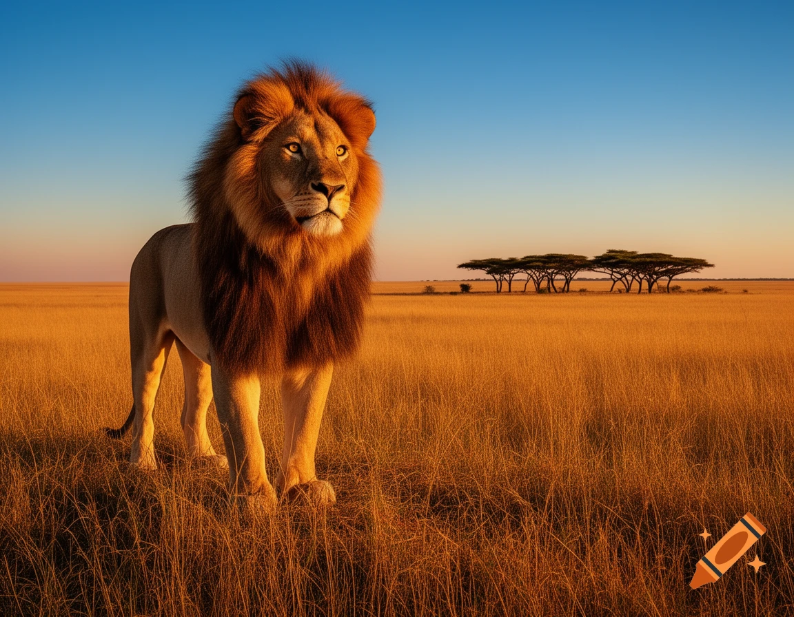 A photorealistic majestic lion stands in a golden savanna field with acacia trees in the distance at sunset.