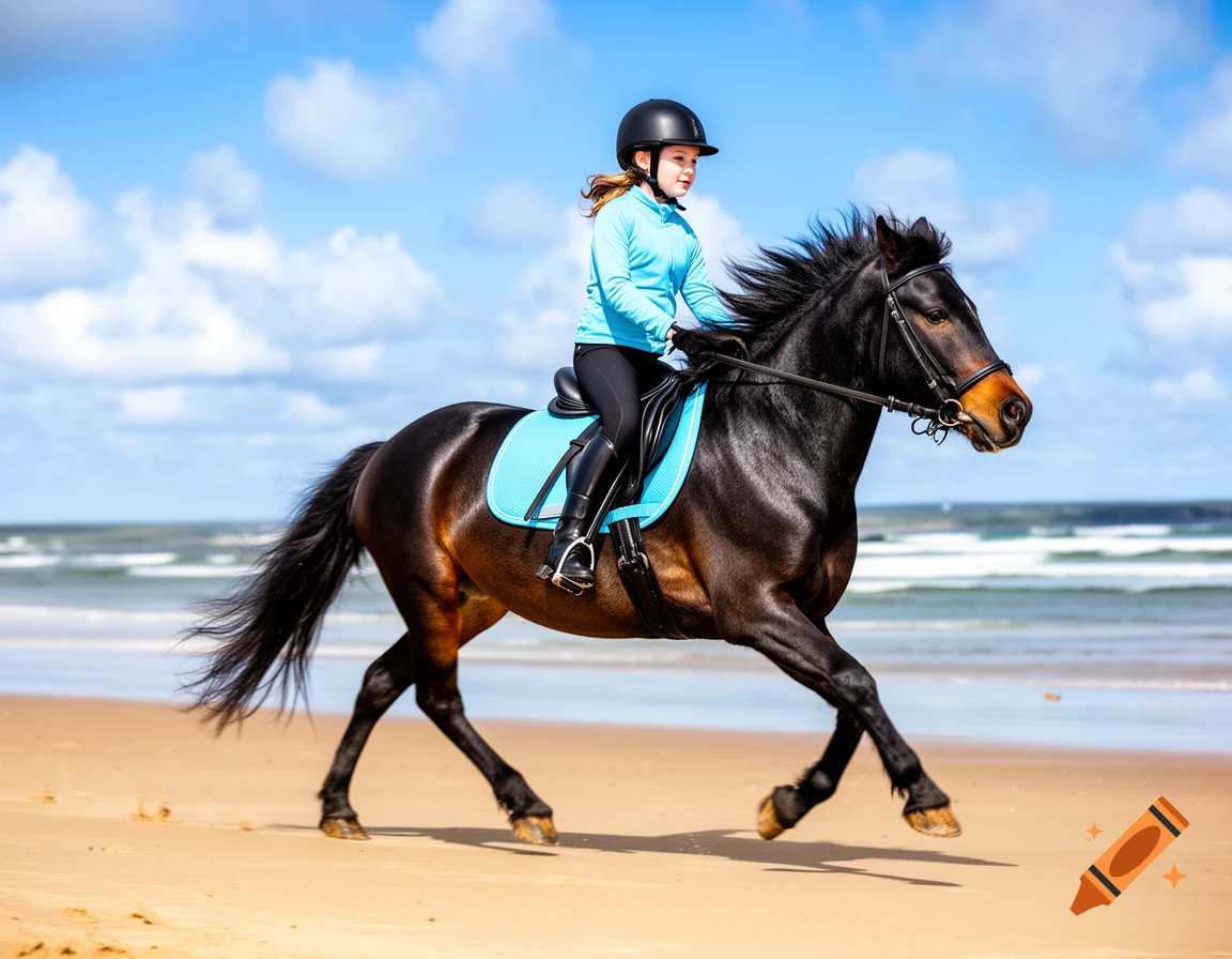 A young girl in a blue top and black helmet rides a dark brown horse, trotting on a sandy beach under a blue sky.