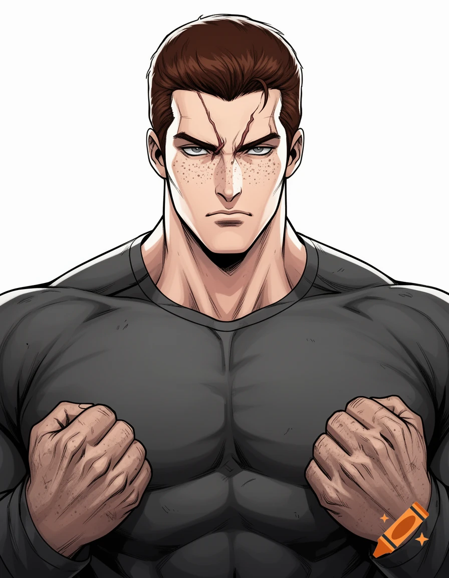 A muscular man with brown hair, freckles, and a scar on his forehead, clenches his fists in a manhua comic art style.