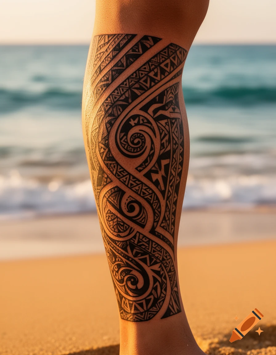 Close-up of a leg covered in a detailed Polynesian tribal tattoo, standing on a sandy beach with the ocean in the background.