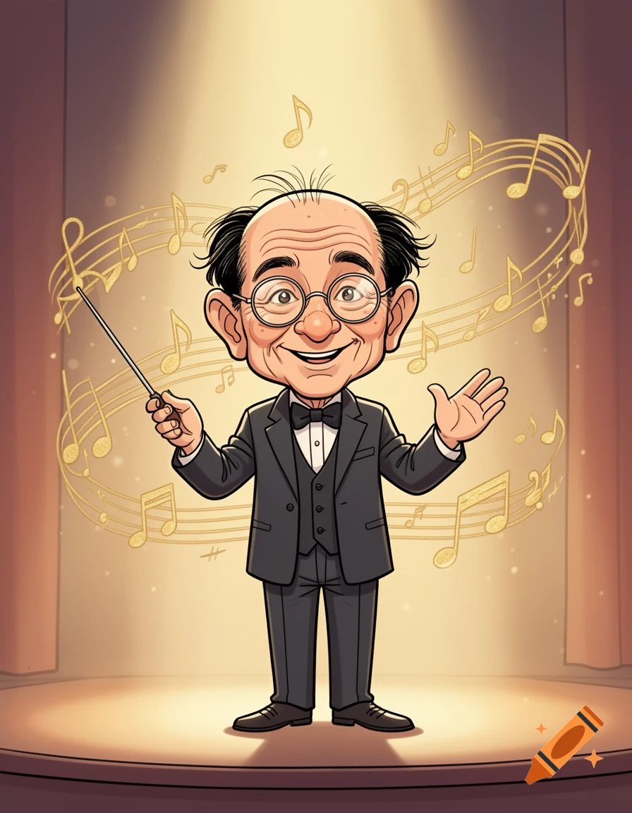 A cartoon old choir conductor with glasses, dark wispy hair, holding a baton, surrounded by golden musical notes on a stage.
