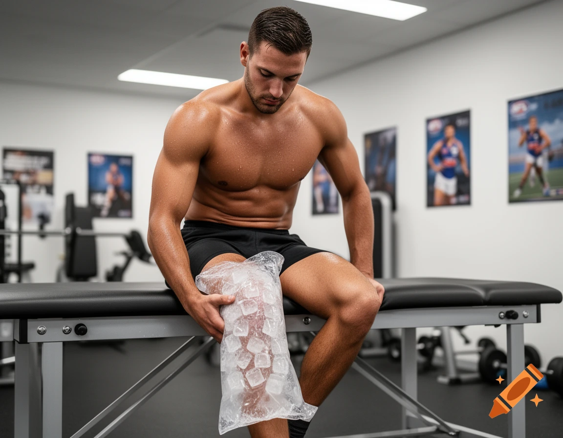 A muscular man sits on a bench in a gym, applying an ice pack to his knee.