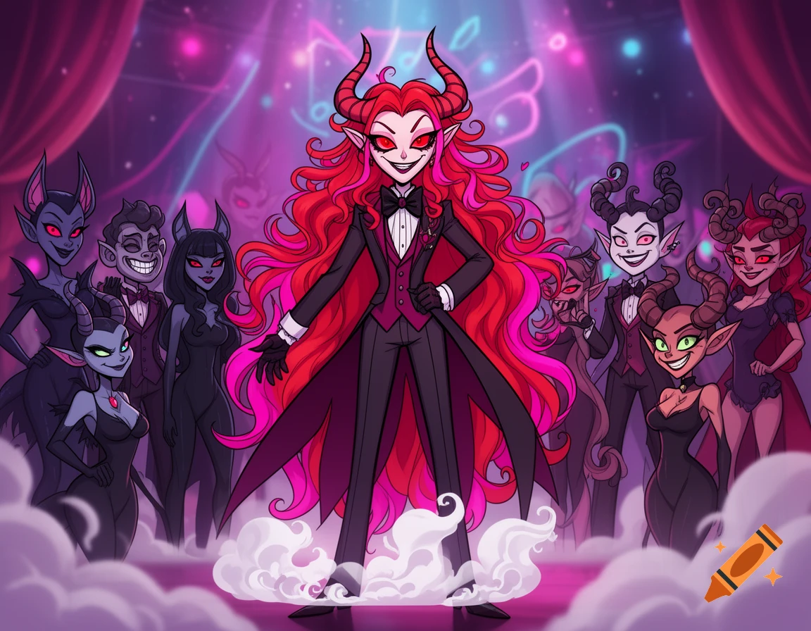 A stylized demon with long red hair and horns in a suit stands center, surrounded by other smiling demon characters in a theatrical, smoky, purple-lit setting.