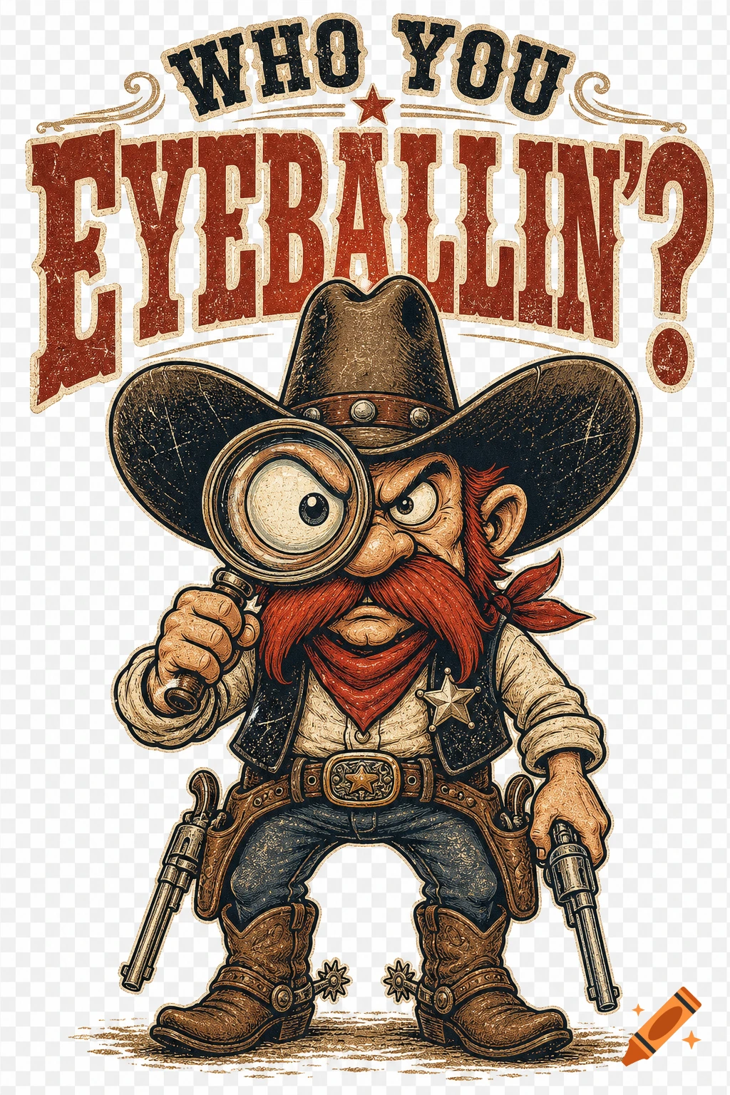 Vintage cartoon illustration of a grumpy cowboy with a huge red mustache, magnifying one eye, holding revolvers, with the text 'WHO YOU EYEBALLIN'?'.
