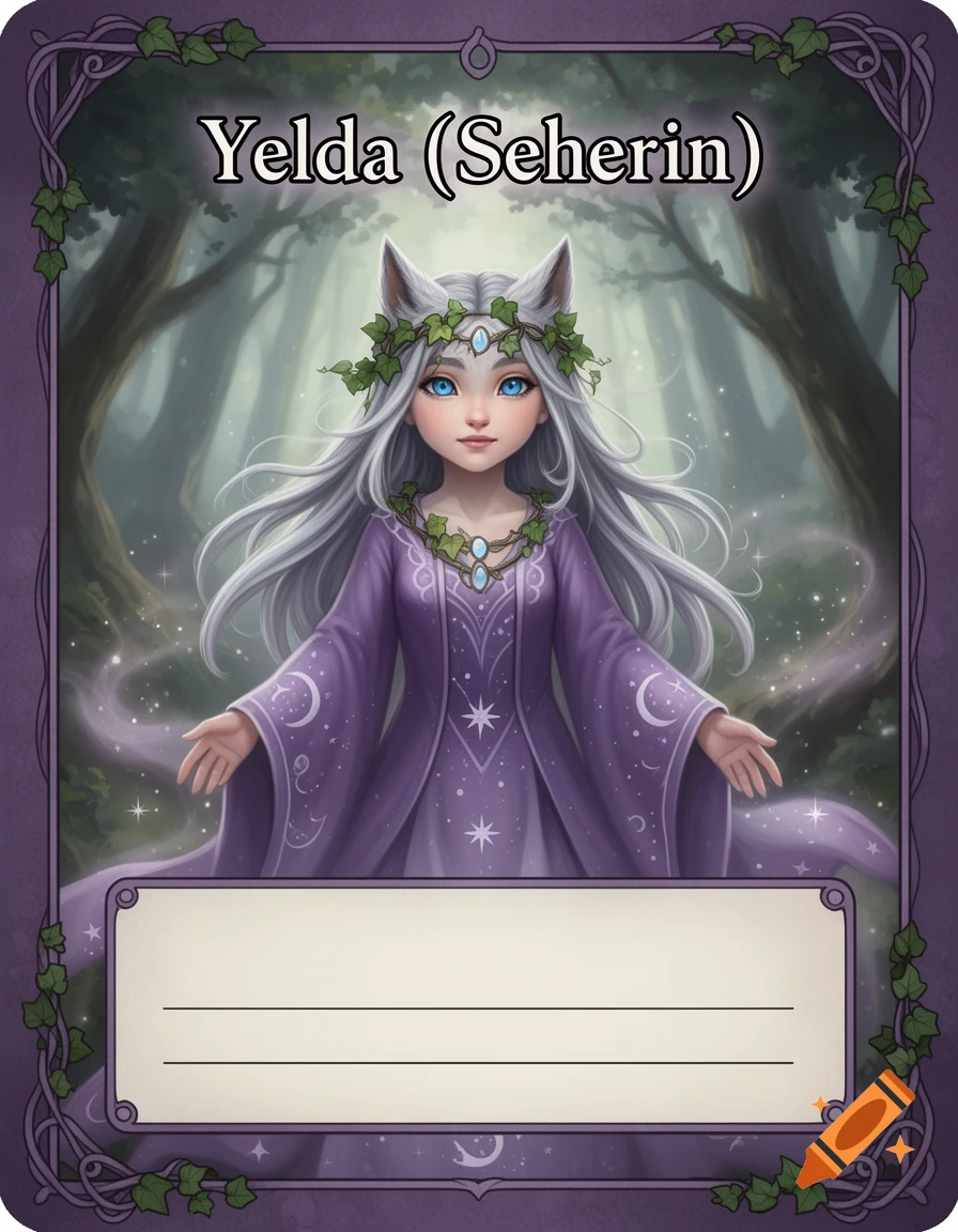 A fantasy game card featuring a silver-haired young woman with wolf ears and blue eyes, wearing a purple robe, in a magical forest.