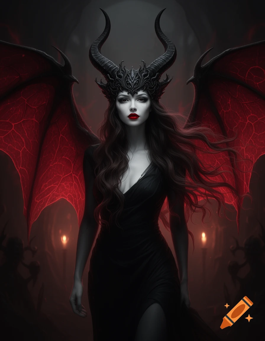 A dark fantasy portrait of a woman with red lips, black horns, a crown, and large red bat wings, wearing a black dress in a shadowy, ominous setting.