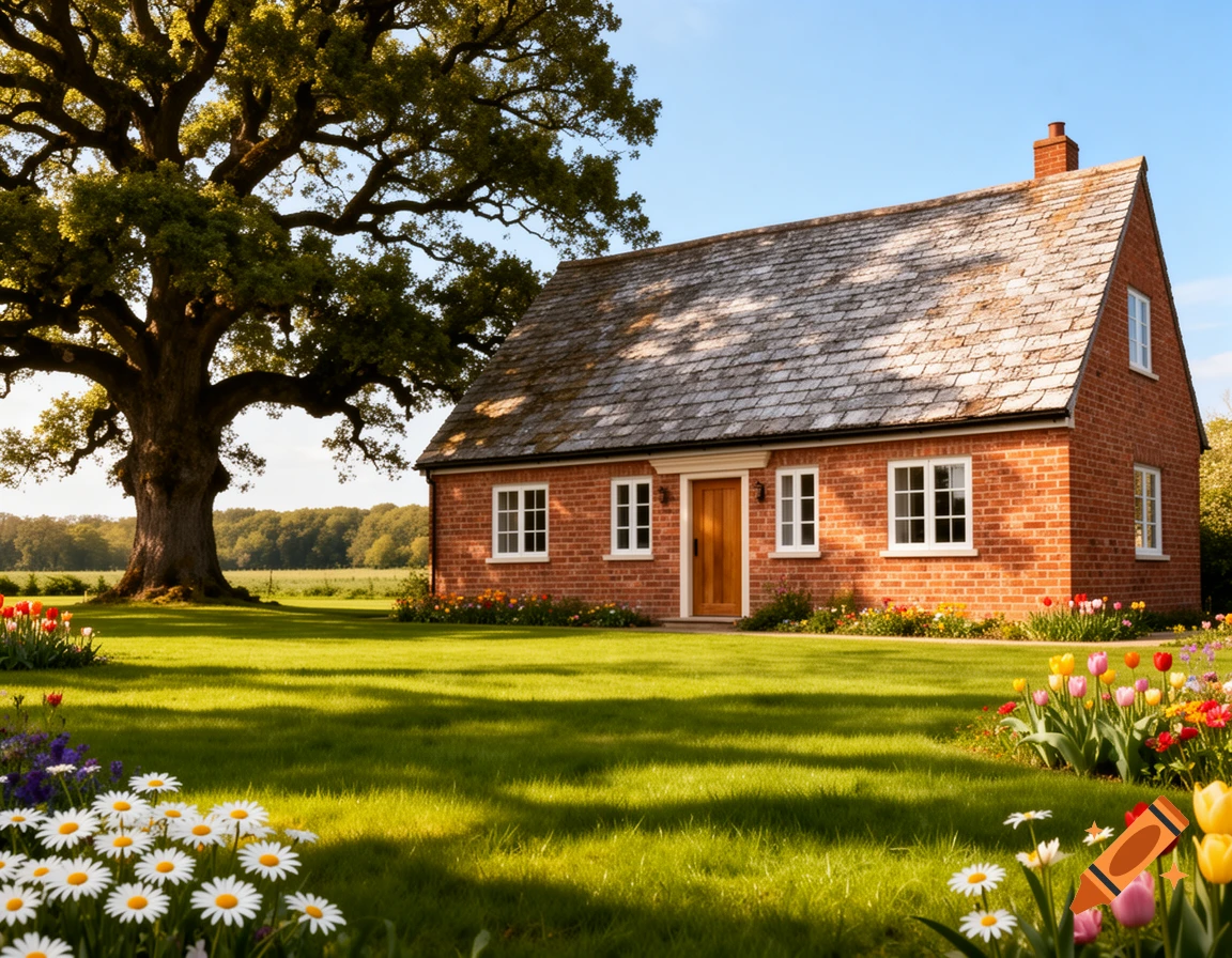 Photorealistic image of a red brick house with a green lawn, a large oak tree, and colorful spring flowers under a blue sky.