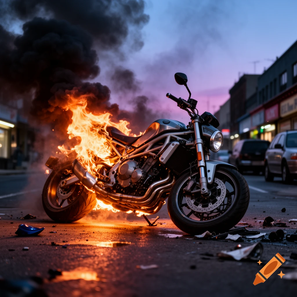 A burning motorcycle with bright flames and dark smoke on a city street at dusk, with debris on the asphalt.