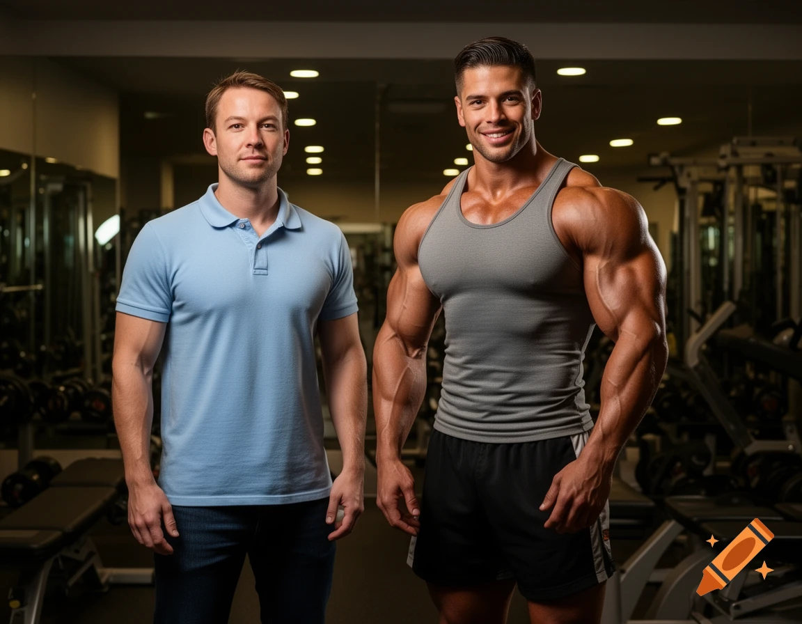 Two men in a gym, one in a blue polo shirt and jeans, the other a muscular bodybuilder in a grey tank top and shorts.