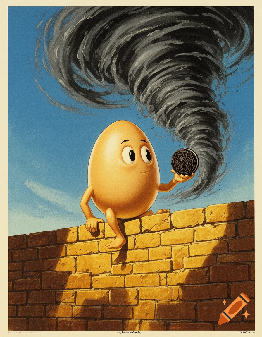 A cartoon egg character, like Humpty Dumpty, sits on a brick wall, holding an Oreo cookie as a dark tornado swirls above.