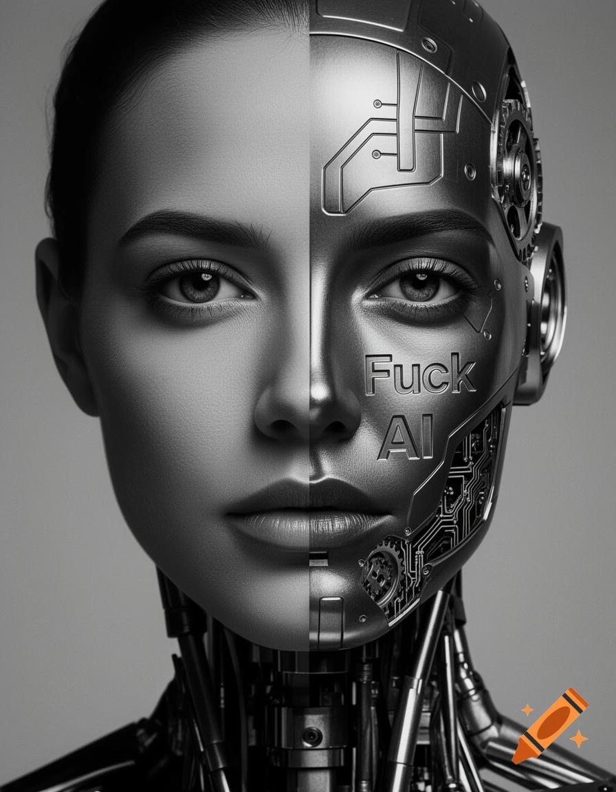 A black and white portrait of a woman's face split vertically, with one side being human and the other a metallic robot displaying the text "Fuck AI".