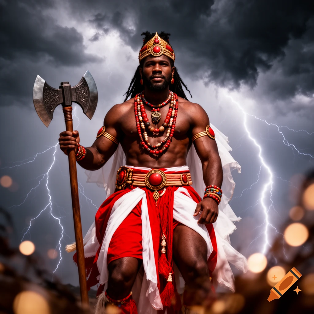 Powerful Black man in red and white ritual attire, crown, and necklaces, holding a double-bladed axe against a stormy, lightning-filled sky.