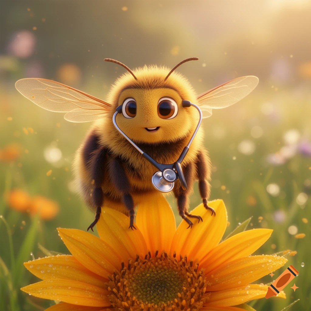 A cute, fluffy bumblebee wearing a stethoscope sits on a sunflower in a sunny field, depicted in Pixar-style digital art.