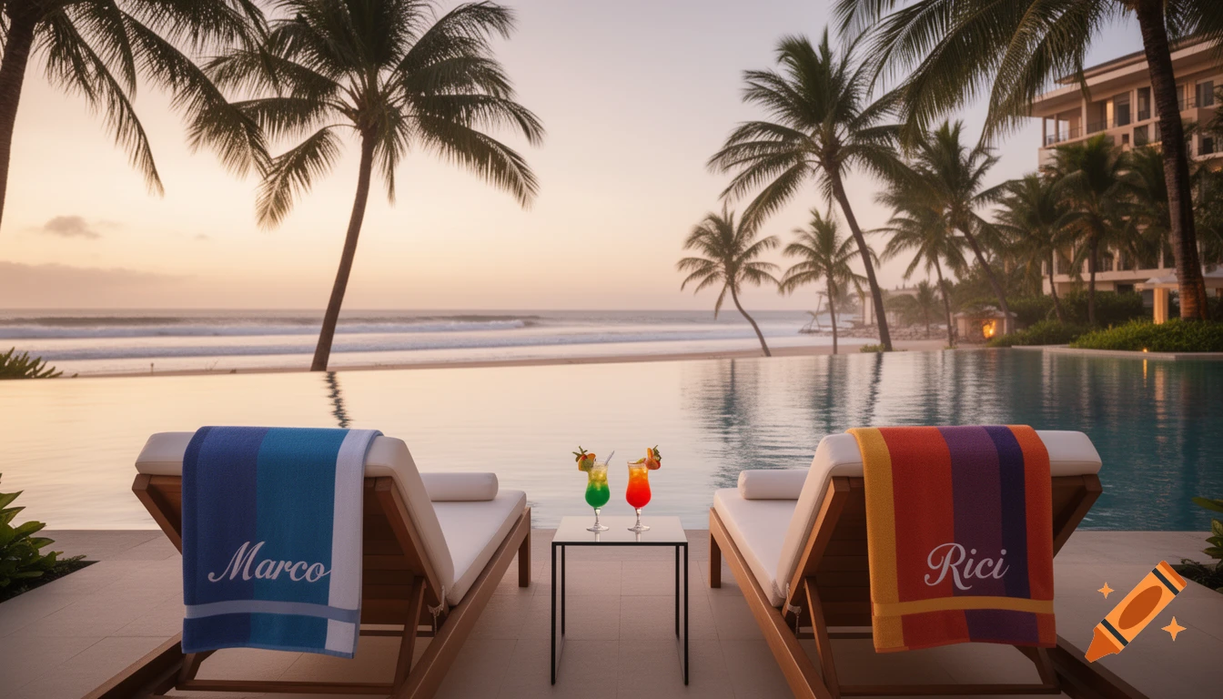 Romantic sunset at a tropical resort with two lounge chairs, cocktails, an infinity pool overlooking the ocean, and palm trees.
