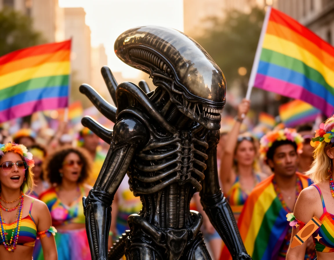 Detailed Xenomorph costume at a vibrant pride parade with people and rainbow flags.
