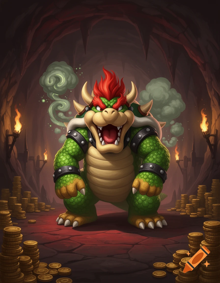 Detailed illustration of a roaring Bowser emanating green smoke in a dark, torch-lit cave filled with piles of gold coins.